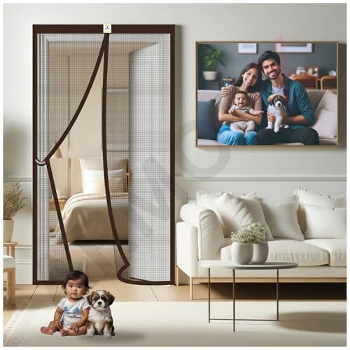 Image of ARMORX High Tensile Polyester Magnetic Door Mosquito Net, Self Closing Magnets with Buckle Strap, Protection from Insects, Pets & Kids Friendly | Brown -220cm x 100cm