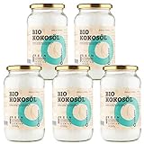 Bio Kokosöl CocoNativo - 5x1000mL (1L) - Bio Kokosfett, Kokosnussöl, Premium, Nativ, Kaltgepresst, Rohkostqualität, Rein (5000ml) - zum Kochen, Braten und Backen, für Haare und Haut