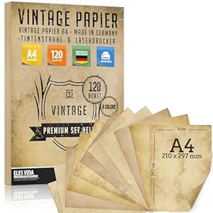 120 Blatt Altes Papier, Vintage DIN A4 bedruckbar - Urkunden Schatzkarten, Briefpapier - Bastel für Karten,Hochzeit, Adel Geschenke, Nostalgie Geburtstag Ritter und Piraten - DEUTSCHE PRODUKTION