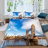 PUOJIEAT Housse de Couette 140x200 Londres Parures de Lit 3D Imprimée Douce Literie Set Pont de la Tour Microfibre Housse de Couette 1 Personne avec 1 x Taie d'oreiller 65x65 cm r.9456