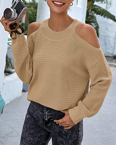 Womens Cold Shoulder Choker Long Sleeve Sweater Solid Casual Knitted Pullover Jumper Tops4
