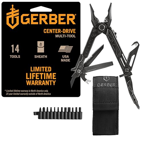 Gerber Gear Center-Drive Multitool - With Needle-Nose Pliers, 3.25" Blade & Center-Axis Bit Driver - Includes Magnetic Flathead & Phillips Bits - Comes with Coyote Brown Sheath - Made in USA - Black