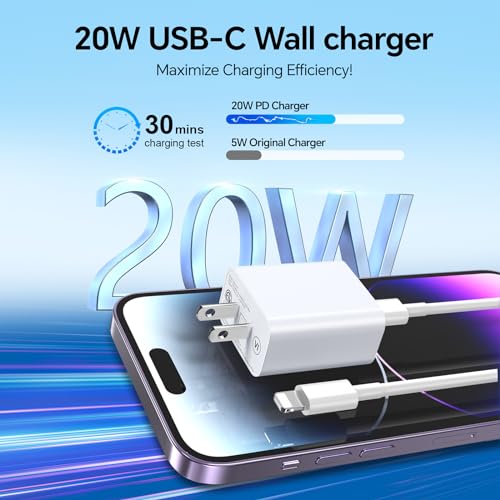 USB C Fast Charger Block, 2Pack 20W PD Type C Wall Phone Charger with 6/10FT Fast Charging USB C to Lighting Cable Compatible with iPhone 14/13/12/11 Pro/Pro Max/Plus/XS/XR/X/SE/8 Charger White