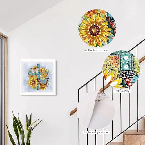 Image of Diamond Art Painting Kits for Adults, 5D Special Shape Diamond Art Kits for Beginners, Crystal Rhinestones Diamond Art Painting for Home Wall Decoration Gift 12x12inch, Sunflower Butterfly Cross