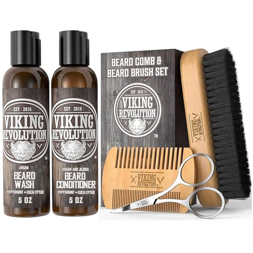 Viking Revolution Beard Brush and Comb Set with Peppermint Eucalyptus Beard Wash and Conditioner (5 Oz each) - Grooming Kit for Men with Argan and Jojoba Oils - Gifts for Men