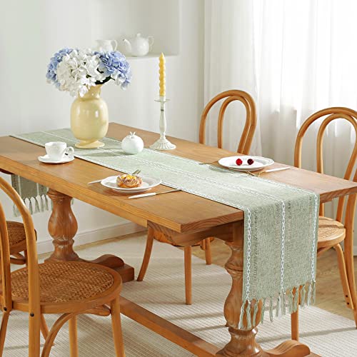 Laolitou Rustic Table Runner With Tassels, Cotton Linen Table Decoration For Holiday Party, Farmhouse Table Runners, Wedding And Dining Decorations, 72 Inches, Sage Green #TOP1