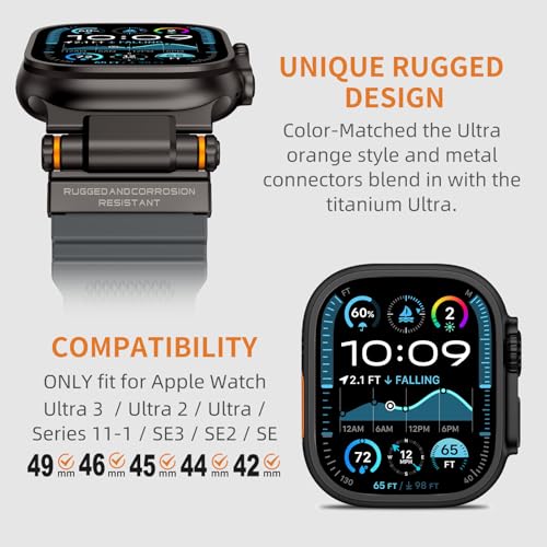 Image of FOAMUNOC Rugged Band Compatible with Apple Watch Ultra 3 /2 /1 Band 49mm /46mm /45mm /44mm /42mm, Metal Connector with Silicone Strap for iWatch Ultra Series 11 /10 /9 /8 /7 /6 /SE3 /SE2 /SE /5 /4 /3 /2 /1, Gray /Black