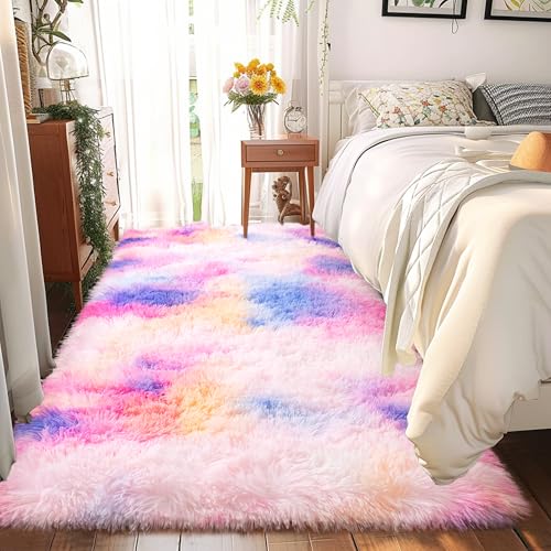 Rainbow Rug - 2x6' Runner Non-Slip Height Pile 1.4" Plush Rug Rubber Back - Throw Carpets for Bedroom - Multicolor