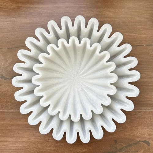 Image of Marble Urli Bowl for Decoration | Big Potpourri Decorative Bowls in Home decor | Large White Floating Flower Plates of Stone | Small Shape puja Item | (6 inch, Ruffle)