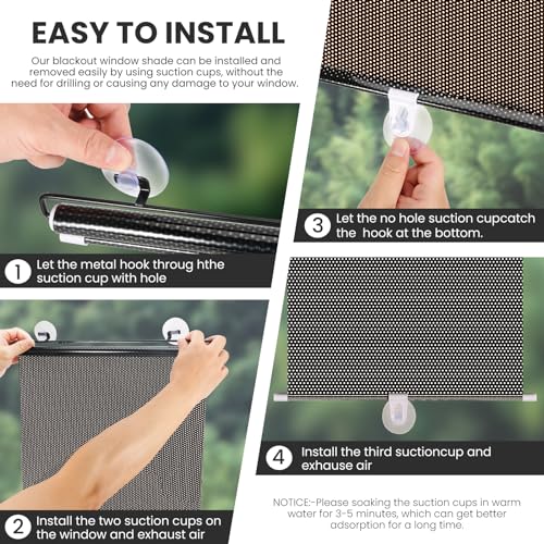 No Drilling Retractable Roller Window Shades W/3 Suction Cups, Black Blackout Blind Shade Temporary Cover Curtain for Home Bedroom Car (23.62" L×15.75" W, Black dot) - Thumbnail 7