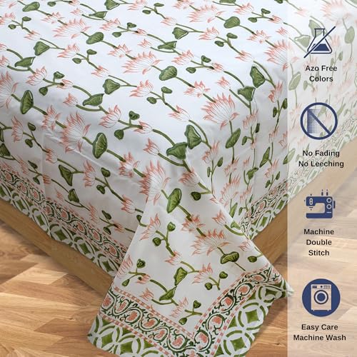 Image of TOAI Hand Block Printed Bedsheet | Bed Spread Flatsheet Bed Sheet | Pure Cotton | Double Bed Queen Size 90 inchx108 inch | 300 TC Long Staple Cotton | 2 Reversible Pillow Covers |Orange Pink Lotus Vines