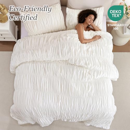 Image of weigelia Cream Comforter Set King - Textured Ruched Cream Ivory King Comforter Set, Soft White Aesthetic Bedding with 2 Pillowcases, 3 Piece Modern Organic Bedroom Comforter Set