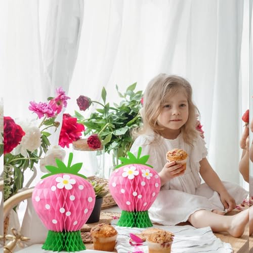Image of Amyhill 4 Pcs Strawberry Party Decorations Large Strawberry Honeycomb Centerpieces 3D Berry First Table Decor Fruits Paper Honeycomb Decorations for Birthday Summer Shower Party Favor (Pink Red)