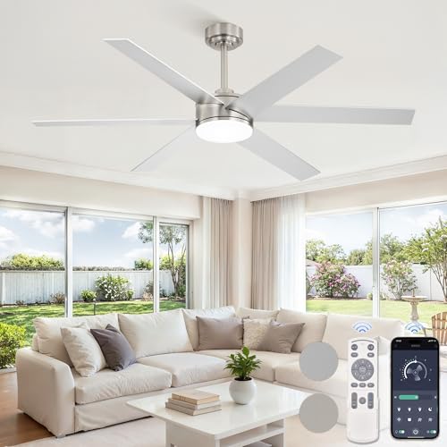 Image of 56 inch Outdoor Ceiling Fans with Lights, Dimmable 3CCT, Nickel | with Remote, Reversible DC Motor, 6 Blades, 6 Speed, for Indoor, Covered Outdoor, Patios