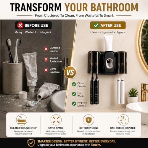 Image of TENOM Tooth Brush Holder Bathroom with Toothpaste Dispenser, Self Adhesive Toothbrush Holders for Bathroom Wall, Dustproof, BPA Free Wall Mounted Bathroom Organizer (Black, 2 Cup)
