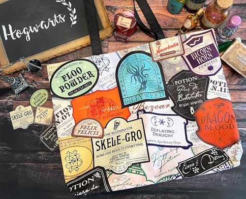 Bolsa sacola Harry Potter Potions Labels, tecido de poliéster durável, fecho de pressão seguro, bols