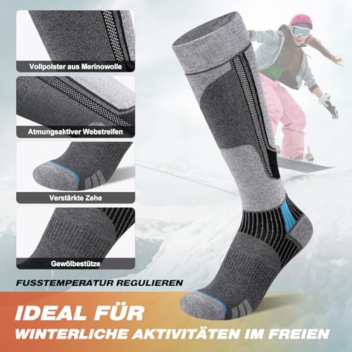 SukModen 2 Paar Skisocken aus Merinowolle für Herren Damen Jugendliche, Warme Merino Socken Thermosocken Dicke Wintersocken für Kaltes Wetter Skifahren Snowboarden Skistrümpfe Grau 43-46