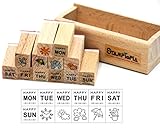 Youkwer 12 Pcs Mini Cute Wooden Rubber Stamps DIY Diary Scrapbook Stamps Set with Wooden Box （Week，Weather）