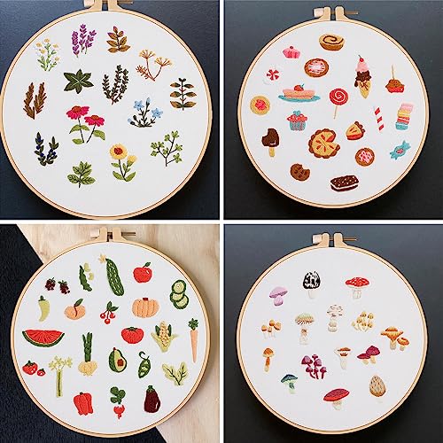 Image of Lukinbox 4 Pack Embroidery Kit for Beginners, Hand Cross Stitch Kits for Adults, DIY Fabric Embroidery Starter Kits with Fruit Flower Patterns, 2 Embroidery Hoops, Clothes, Threads and Needles