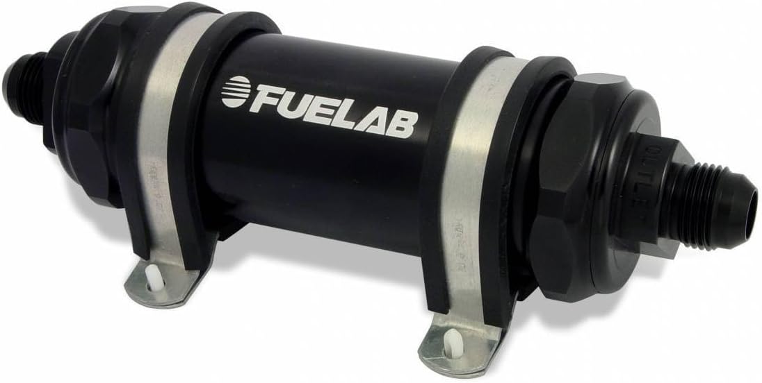 Fuelab 85801-1 Black -6AN Inlet/Outlet Long Length In-Line Fuel Filter with Integrated Check Valve and 10 Micron Replaceable Fabric Element