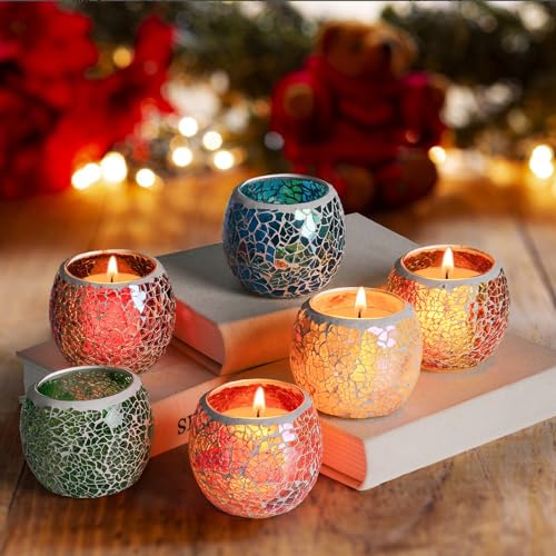 Covzoe 6 Pack Glass Votive Candle Holder, Romantic Stained Mosaic Tealight Holder, Aromatherapy Candle Lamp, Tea Light Holder Cup for Wedding Table Centerpiece, Home Decor, Christmas Party