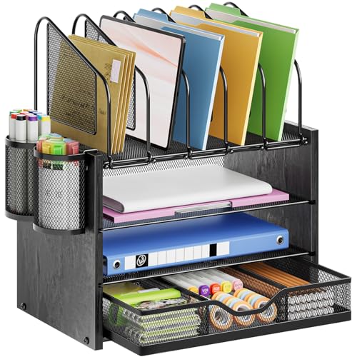 Image of Marbrasse Desk organizer with Drawer, 4-Tier Wooden File Organizer with 5 Vertical File Holders and 2 Pen Holders, Desk Organizers and Accessories for Home Office - Black