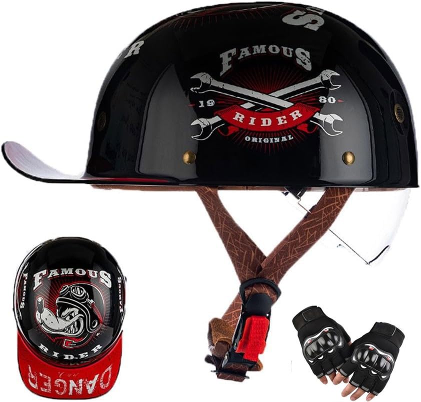 Vintage Open Face Motorcycle Helmet Retro Baseball Cap Motorcycle Helmet DOT Approved Men Women Adult Half Shell Helmet with Drop-Down Sun Visor for