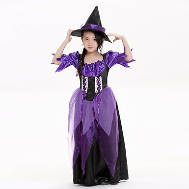 Amazon.co.jp: ハロウィン 仮装 紫 魔女服 ウィッチ服 2点セット 子供