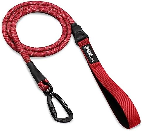 Ridge Ramblers Premium Red Rope Dog Leash. Great for Adventures or Every Day Use, Includes Dog Rope Leash, Locking Aviation Aluminum Carabiner, Reflective Stitching, and Comfort Handle.