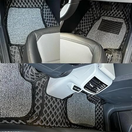 Ultra 7D Premium Car Floor Mat Compatible with Toyota Land Cruiser LC-300(2023)||Luxury Leather Double Layered Mat||Set of 3pcs||Waterproof and Washable||Colour:-Black with Silver