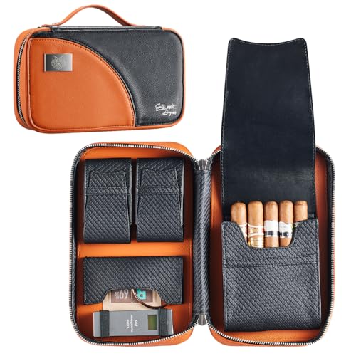 68 Degrees Leather Cigar Case for 5 Cigars – Orange Travel Humidor with 3 Pockets, Bold Hard Shell Organizer, Full Grain Leather, Portable Cigar Pouch