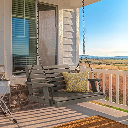 Kingyes Outdoor Hanging Porch Swing, 2 Seat Patio Swing Chair With Cup Holders, Waterproof Swing Chair Bench For Courtyard & Garden, 660Lbs Weight Capacity, Gray #TOP6