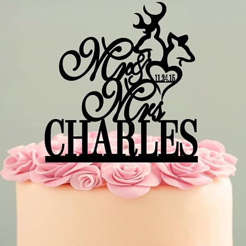 Amalifcor The Last Name Deer Wedding Cake Topper, Mr And Mrs With The Last Name Custom Deer Unique, 7.8 Inch Acrylic Or Wood Material Option Funny Novelty Cake Decoration