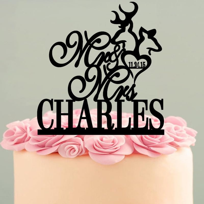 Wedding Cake Topper, Mr And Mrs With The Last Name Custom Deer Unique, 7.8 Inch Acrylic Or Wood Material Option Funny Novelty Cake Decoration