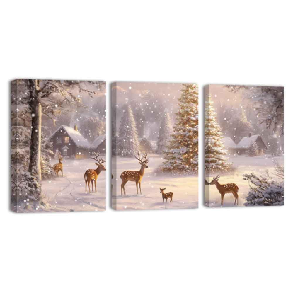 ZQQART 3 Pairs Christmas Canvas Wall Art Christmas Tree with Deer Picture Prints Winter Snow Scene Poster Animal Paintings Home Wall Decor Framed(Pink,24.00"x36.00"x3Pcs)
