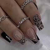 Lot de 24 faux ongles carrés moyens à presser - Motif léopard noir - Paillettes dorées - À coller sur les ongles - Accessoires de nail art pour femme