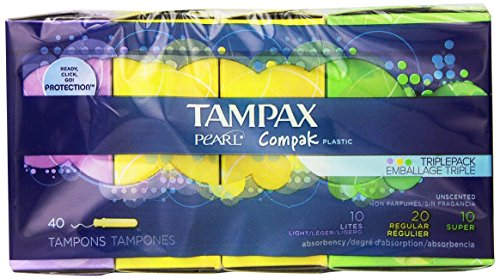 Tampax Pearl Compak Plastic Tampons, Multipack (Light/Regular/Super), Unscented, 40 Count - Pack of 2 (80 Total Count)