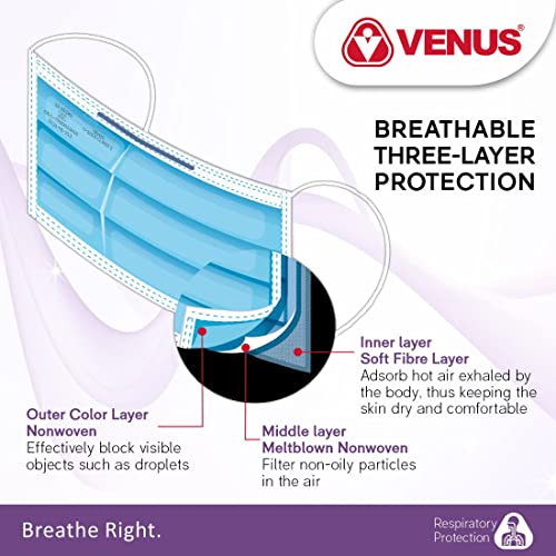Image of VENUS - V-1010-3 Ply Surgical Face Mask - ISI Certified, Disposable, Anti-Pollution & Bacterial Filtration for Medical, Hospital & Daily Use - Blue - Pack of 50