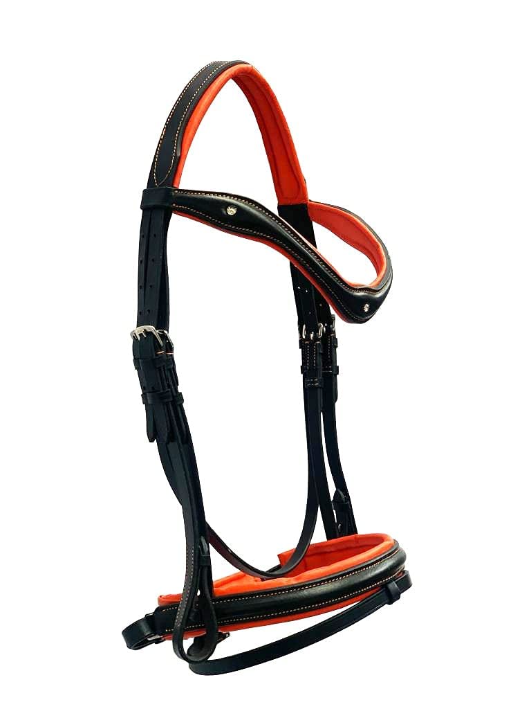 Leather Horse Bridle Black With Orange Padding Horse Comfort Bridle Dressage With Bling Browband And Free Matching Reins (FULL)
