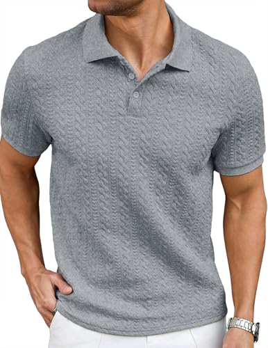 Image of JMIERR Men's Casual Polo Shirt Knitted Textured Short Sleeve Stretch Golf Shirt Summer Vacation Beach Collared Shirts