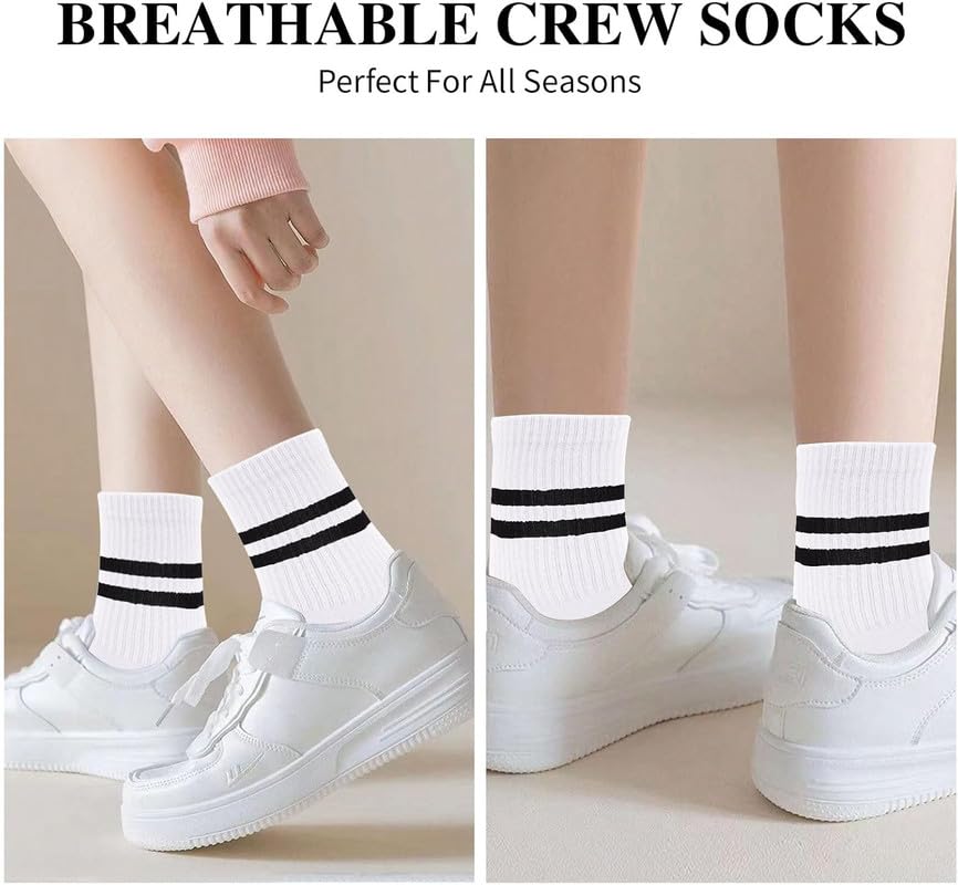 Yanwenx 3 Pairs Cotton Two Stripes Solid Color Casual Running Socks for Women Girls_White 2