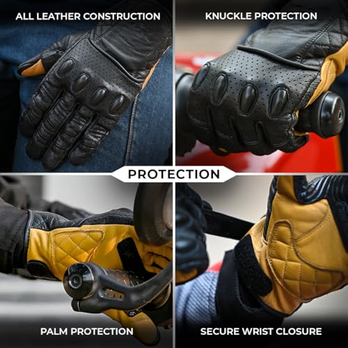 Image of ViaTerra Fuel Retro Classic Leather Motorcycle Gloves Men (Tan, XS)