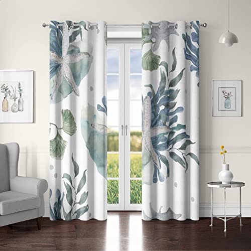 Nautical Coastal Window Curtain Beach Ocean Themed 50% Light Blocking Curtains Starfish Seaweed Room Darkening Curtains Grommet Window Drapes For Bedroom Living Room, 2 Panels, 52" X 84" #TOP28