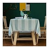 Stfery Tischdecke Leinenoptik Breit Gestreiften Himmelblau, 140x180cm, Tischtuch Mit Quaste Nordischer Stil, Tischdecke Rechteckig Campingtisch