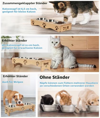 WPAJIRZO Katzennapf erhöht 3er Set - Edelstahl-Näpfe für Wasser & Futter mit Höhenverstellbarem Holzständer - Ergonomische Futterstation für Katzen & Welpen
