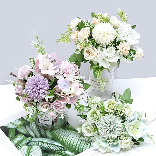 Hawesome mixed Rose Hydrangea flower Bouquet 3pcs fake flowers artificial Chrysanthemum Wedding Decoration flower Arrangements Table Centerpieces Home Decoration in purple