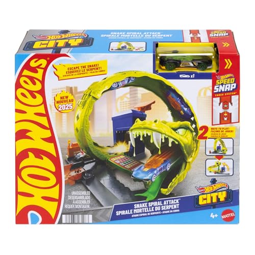 Hot Wheels Conjunto de pista de gasolinera con serpiente y coche de juguete metálico a escala 1:64, 2 formas de jugar, looping con tirabuzón y pista Speed Snap, JBM63