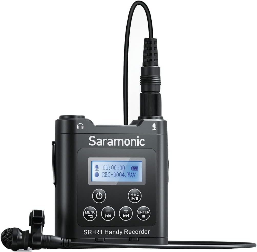 Saramonic SR-R1 Ultra-Compact Belt Pack Stereo Recorder with 3.5mm Microphone or Line-Level Input, Headphone Out, and Includes DK3A Premium Lavalier and Padded Pouch, Black