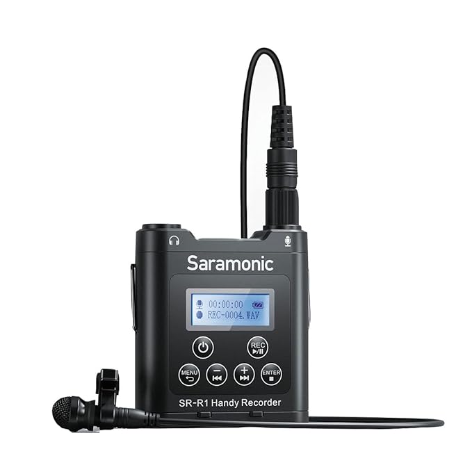 Saramonic SR-R1 Ultra-Compact Belt Pack Stereo Recorder with 3.5mm Microphone or Line-Level Input, Headphone Out, and Includes DK3A Premium Lavalier and Padded Pouch, Black