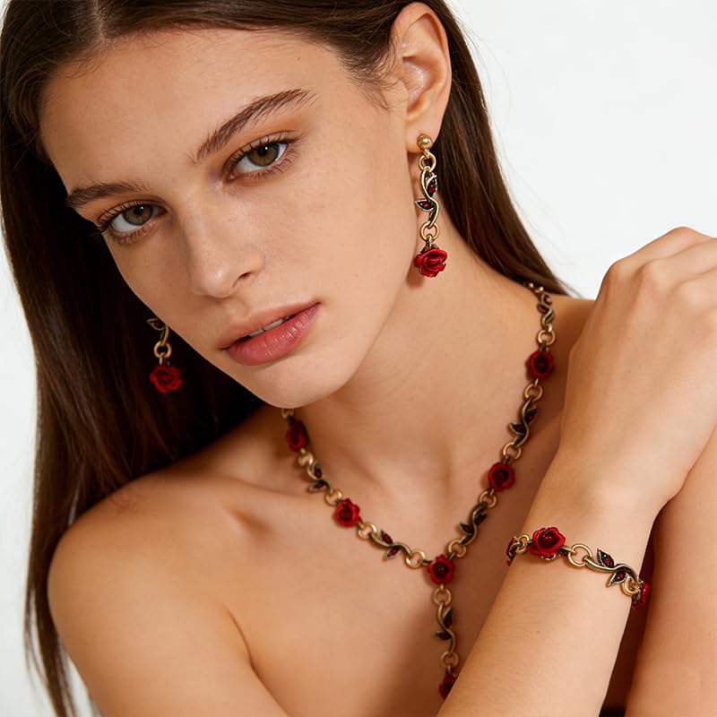 ONLYJUMP 3Pcs Red Rose Jewelry Set for Women Vintage French Flower Pendant Necklace Bracelet Dangle Earrings Alloy Enamel Accessory for Wedding Prom Valentine's Birthday Gifts - Image 4
